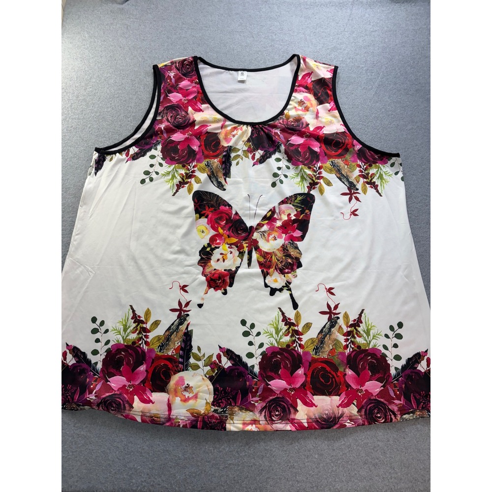 Chaos Monkey Womens 7XL‎ Floral Butterfly Graphic Tank Top White Red Sleeveless